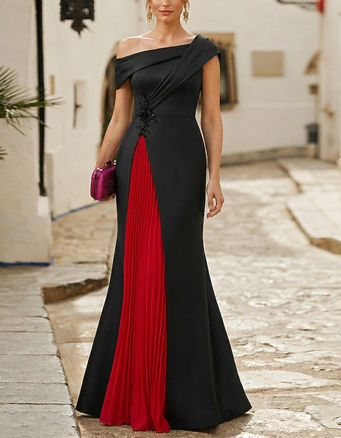 Black And Red Color Blocked One Shoulder Satin Maxi Dress