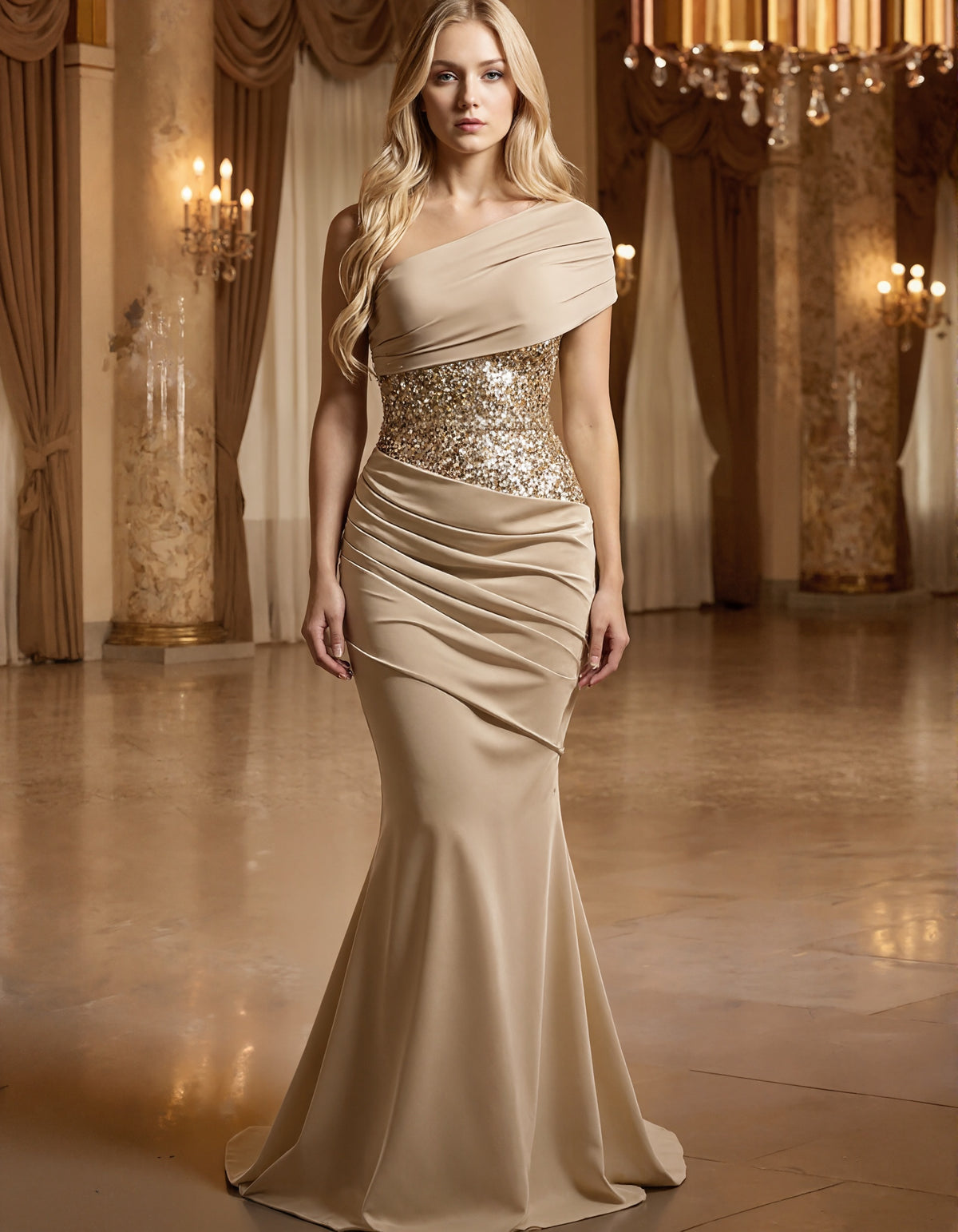 Solid Color Satin Sequined Asymmetrical One Shoulder Maxi Dress