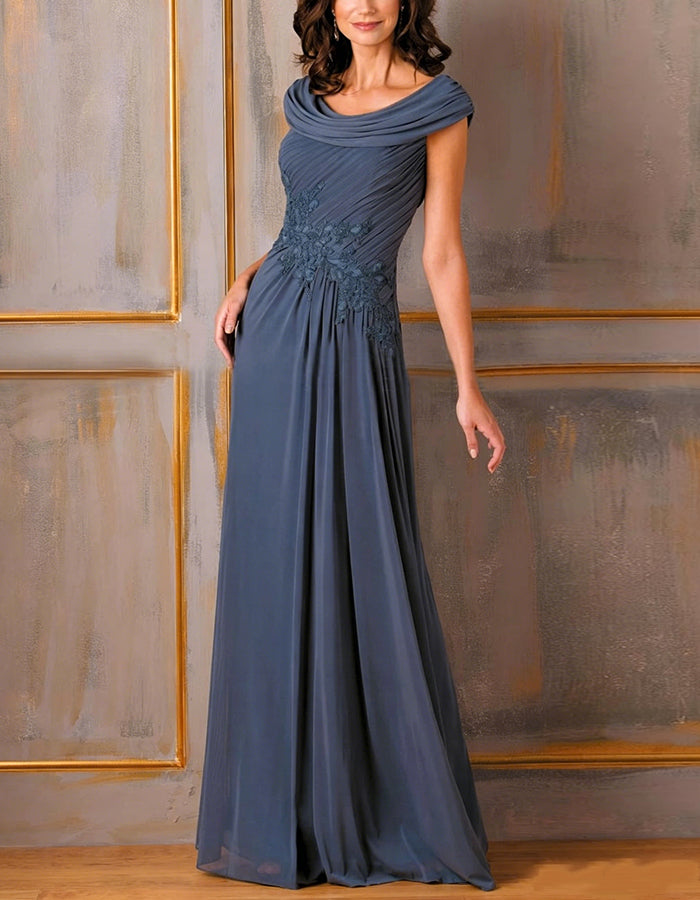 Gray Blue Draped Chiffon Maxi Dress