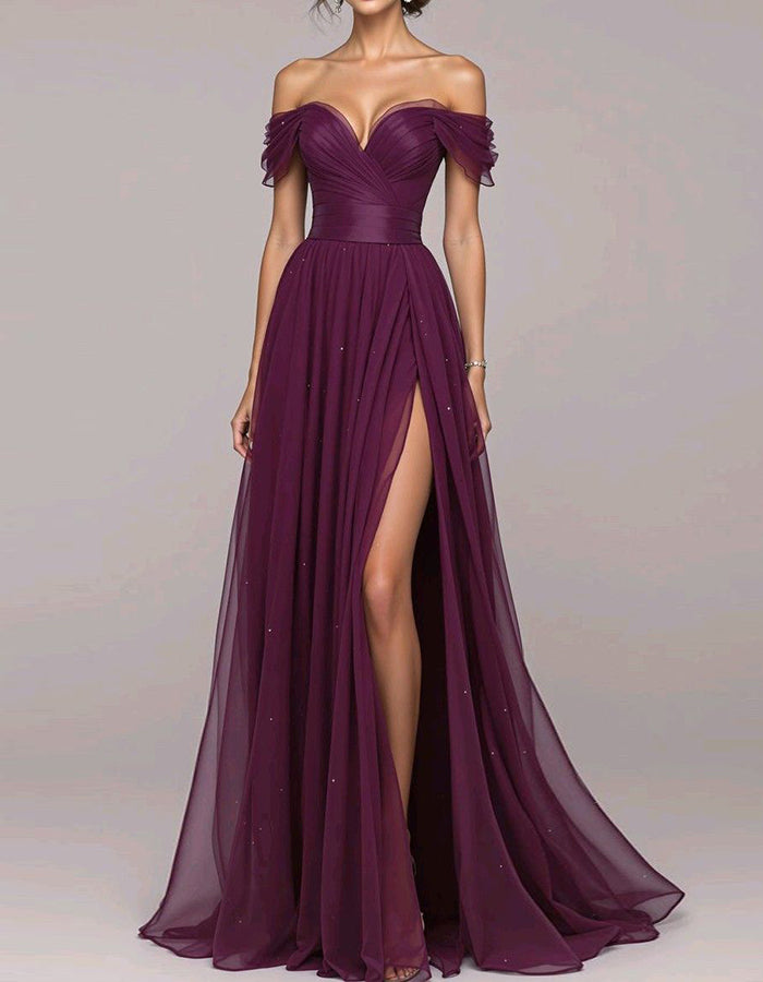 Plum Colored Off Shoulder Sweetheart Neck Chiffon Maxi Dress