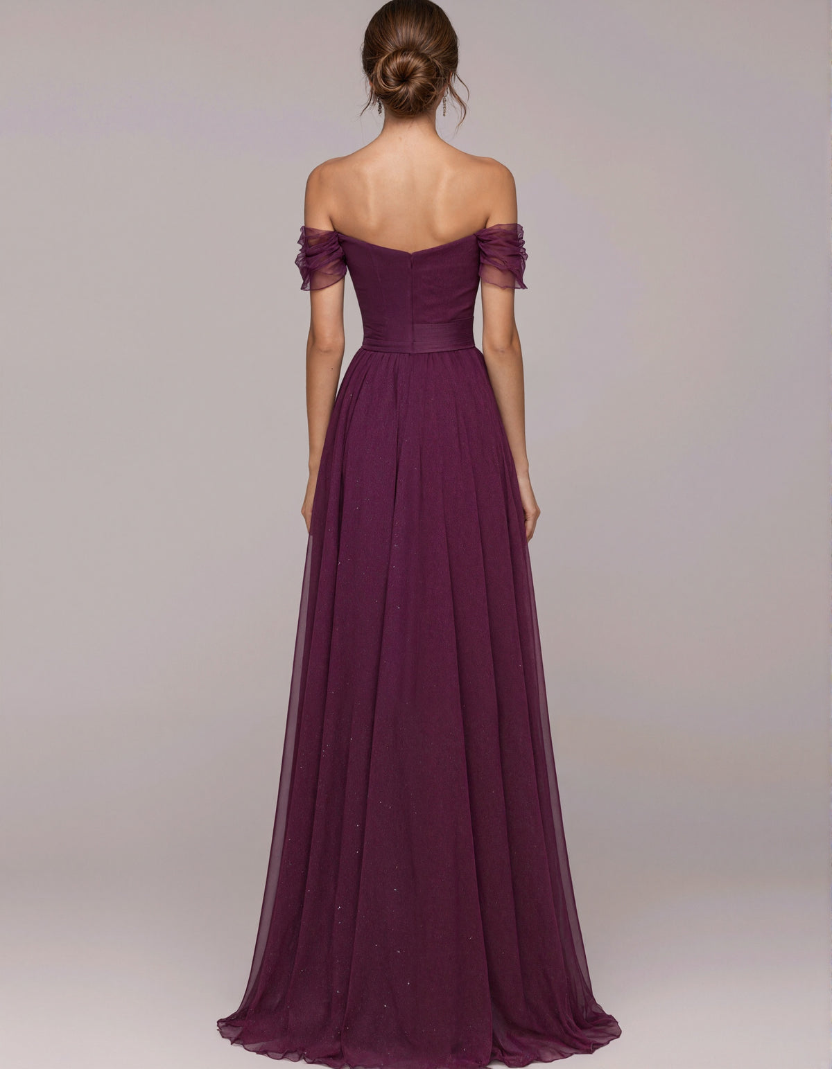 Plum Colored Off Shoulder Sweetheart Neck Chiffon Maxi Dress