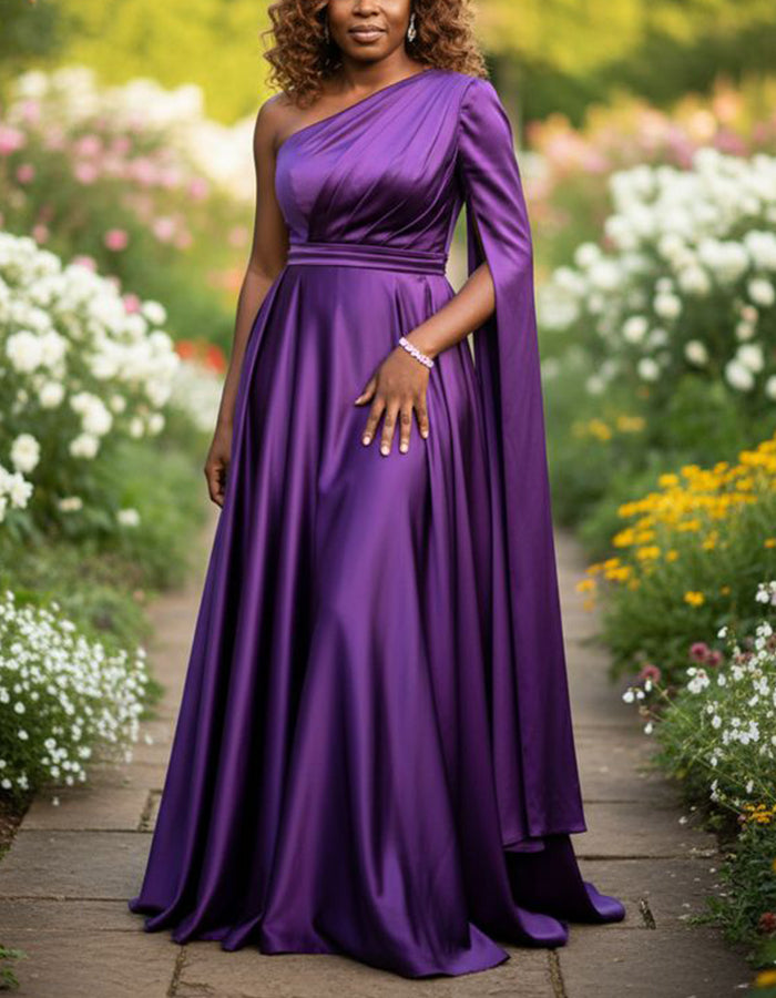 Purple Satin One Shoulder Shawl Sleeve Maxi Dress