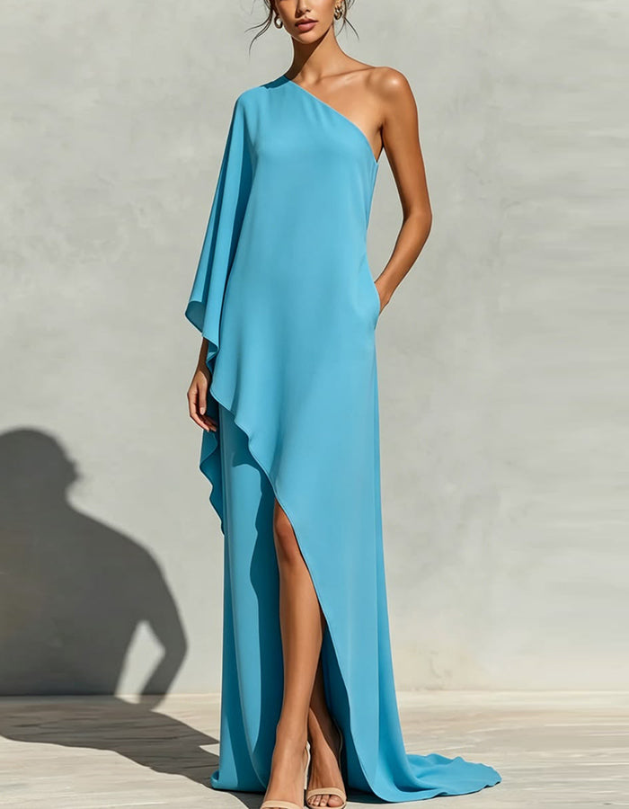 Blue Asymmetrical One Shoulder Drape Maxi Dress