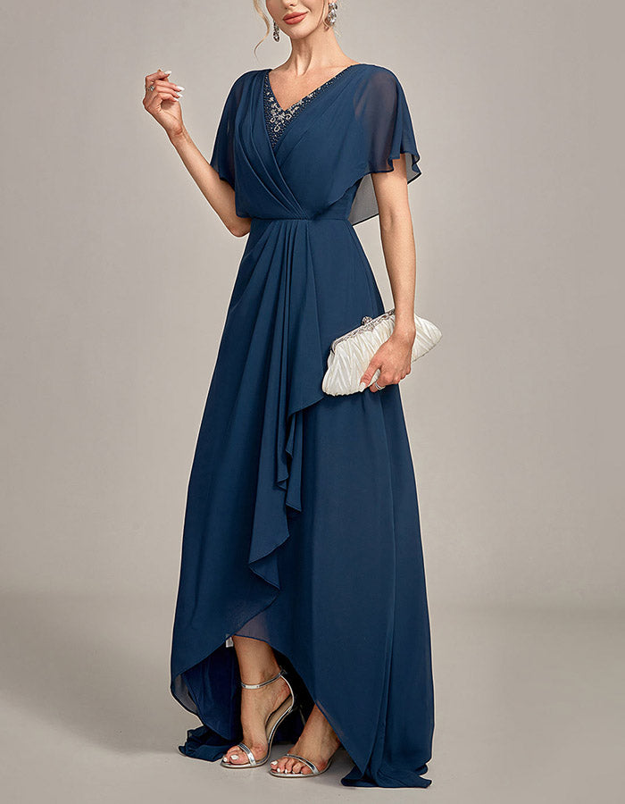Navy Blue Beaded V-Neck High-Low Chiffon Maxi Dress