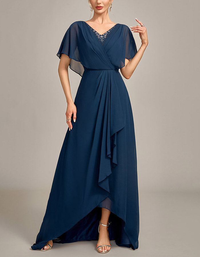 Navy Blue Beaded V-Neck High-Low Chiffon Maxi Dress