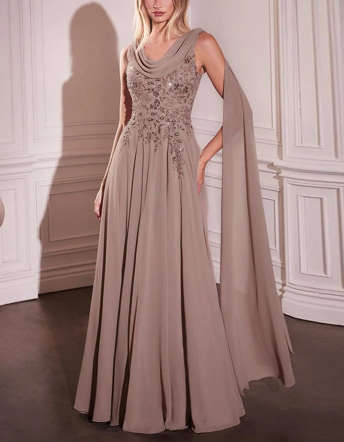 Light Brown Draped Neck Sequined Lace Chiffon Maxi Dress