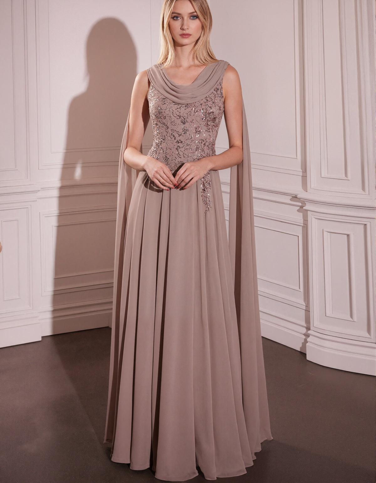Light Brown Draped Neck Sequined Lace Chiffon Maxi Dress