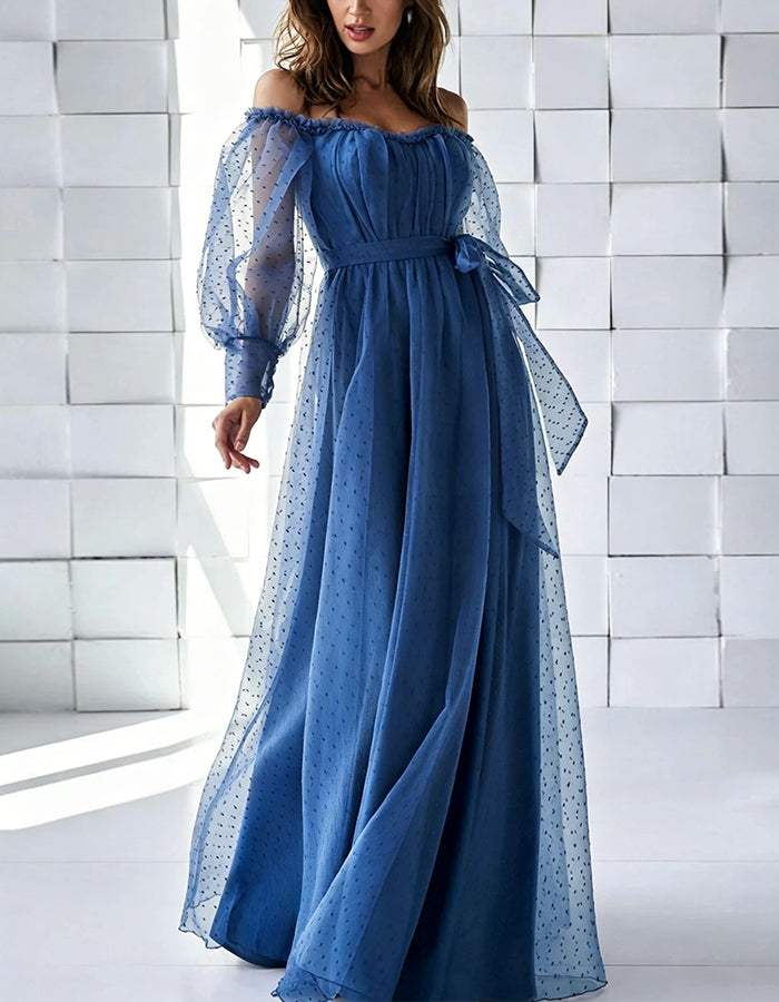 Blue Polka Dot Tulle Off Shoulder Design Maxi Dress