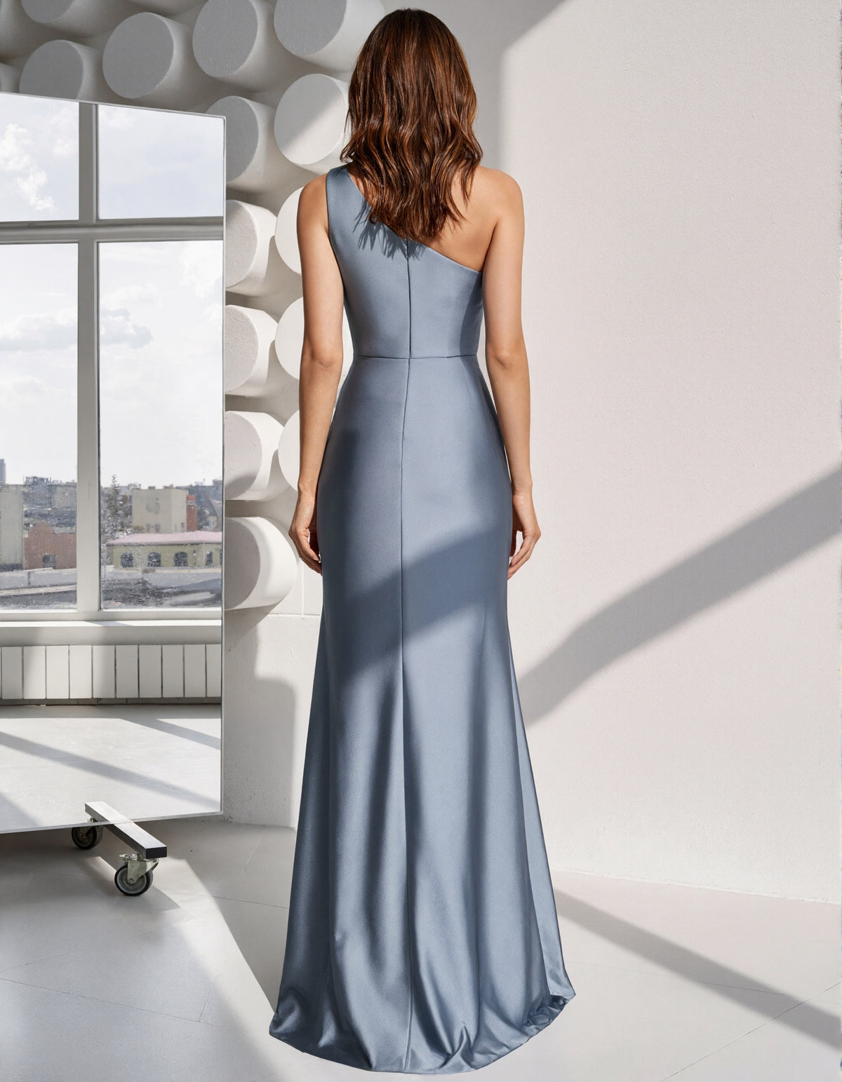 Gray Blue One Shoulder Satin Pleated Slit Maxi Dress