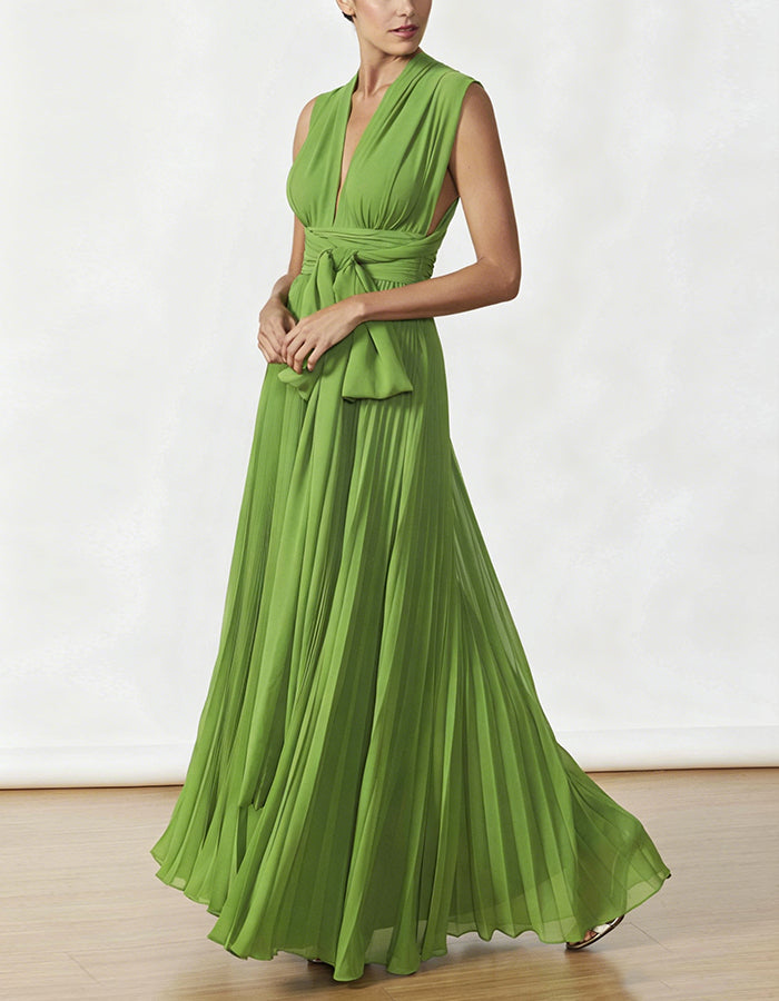 Grass Green Ribbon Pleated Chiffon Maxi Dress