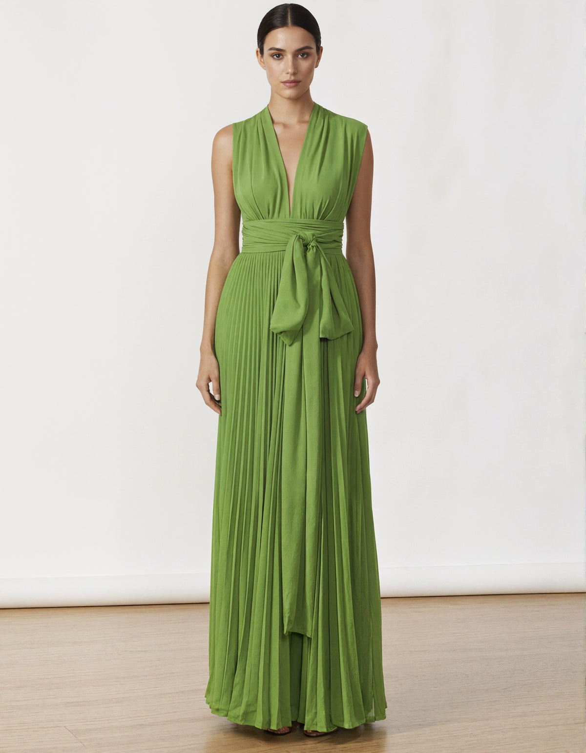 Grass Green Ribbon Pleated Chiffon Maxi Dress