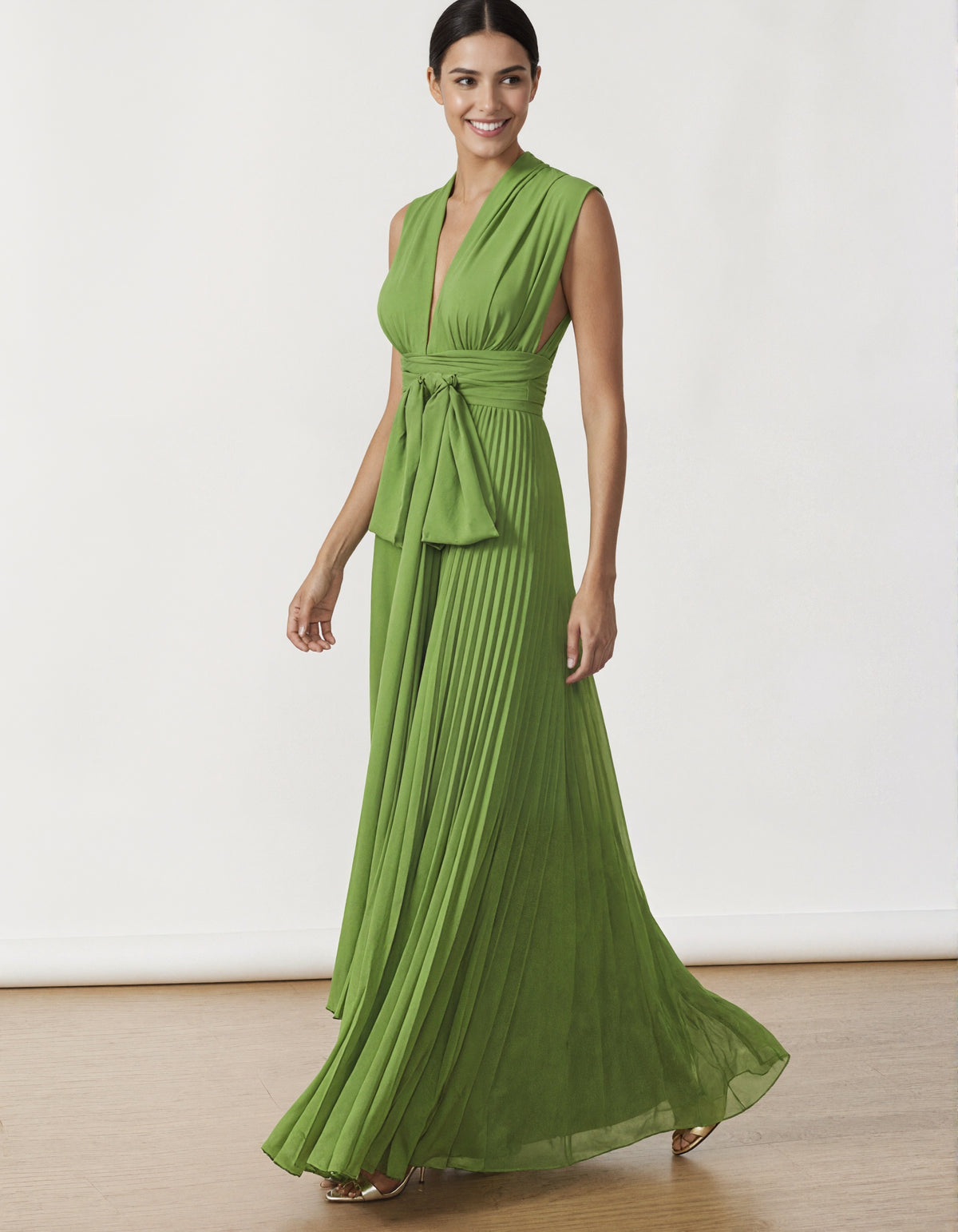 Grass Green Ribbon Pleated Chiffon Maxi Dress