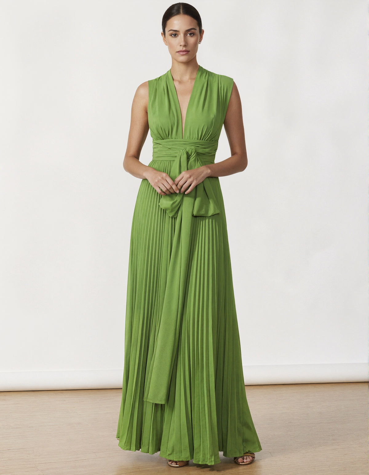 Grass Green Ribbon Pleated Chiffon Maxi Dress