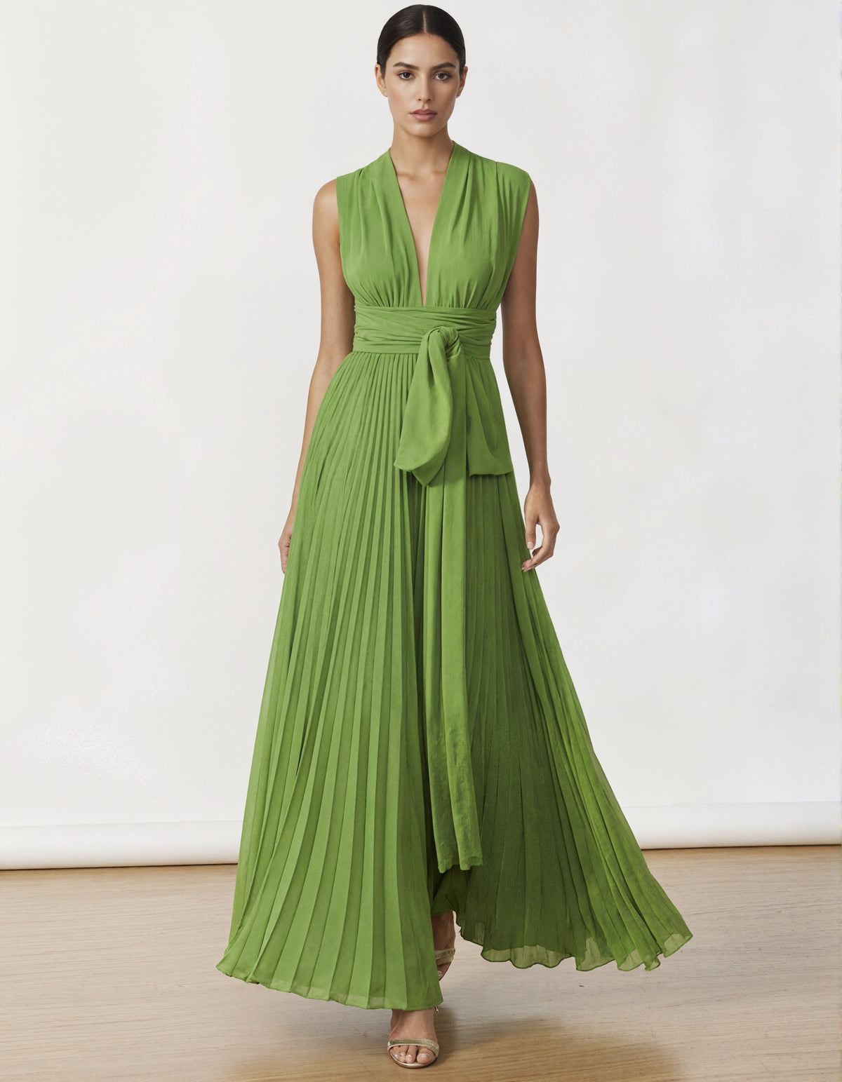 Grass Green Ribbon Pleated Chiffon Maxi Dress