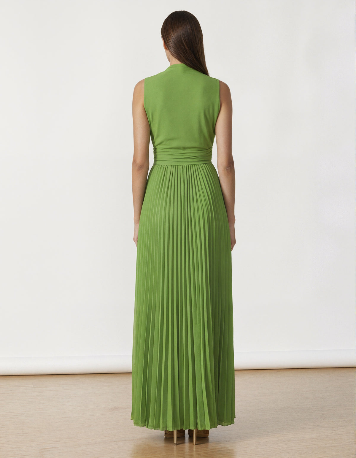 Grass Green Ribbon Pleated Chiffon Maxi Dress