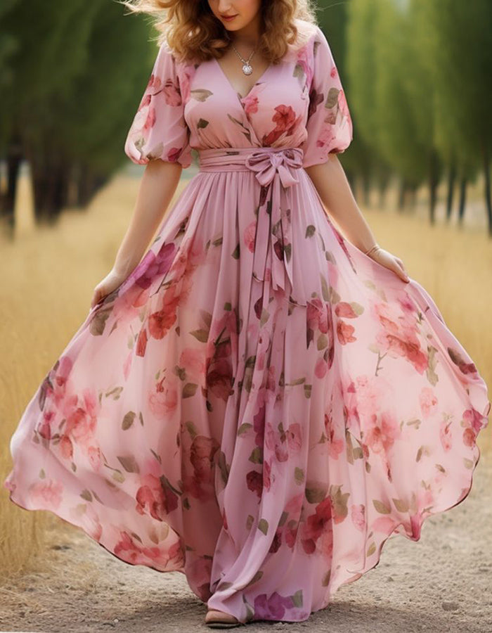Pink Floral Wrap Chiffon Maxi Dress