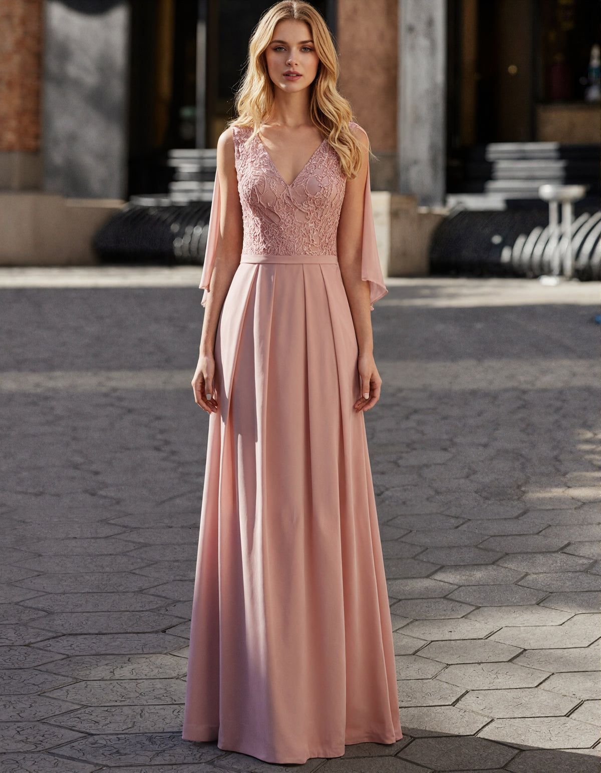 Pink Lace Bodycon Chiffon Maxi Dress