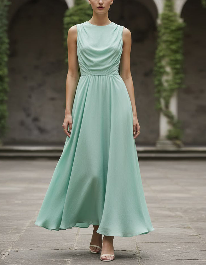 Sage Green Satin Chiffon Sleeveless Maxi Dress