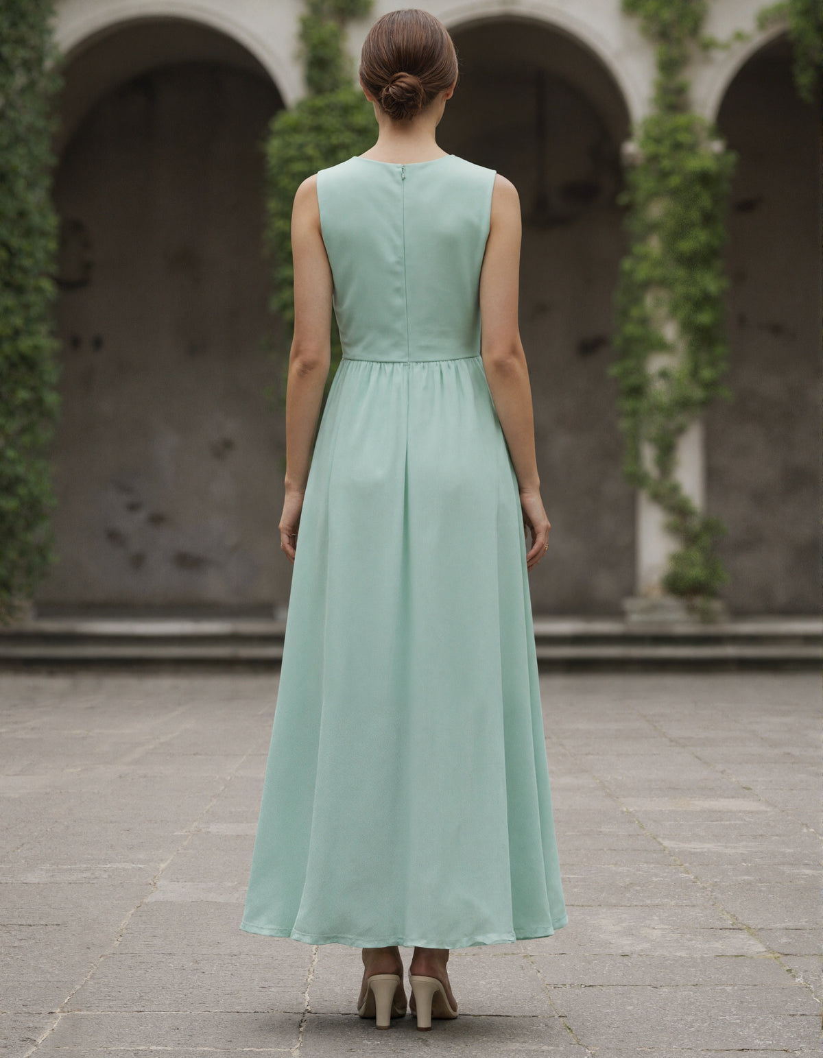 Sage Green Satin Chiffon Sleeveless Maxi Dress