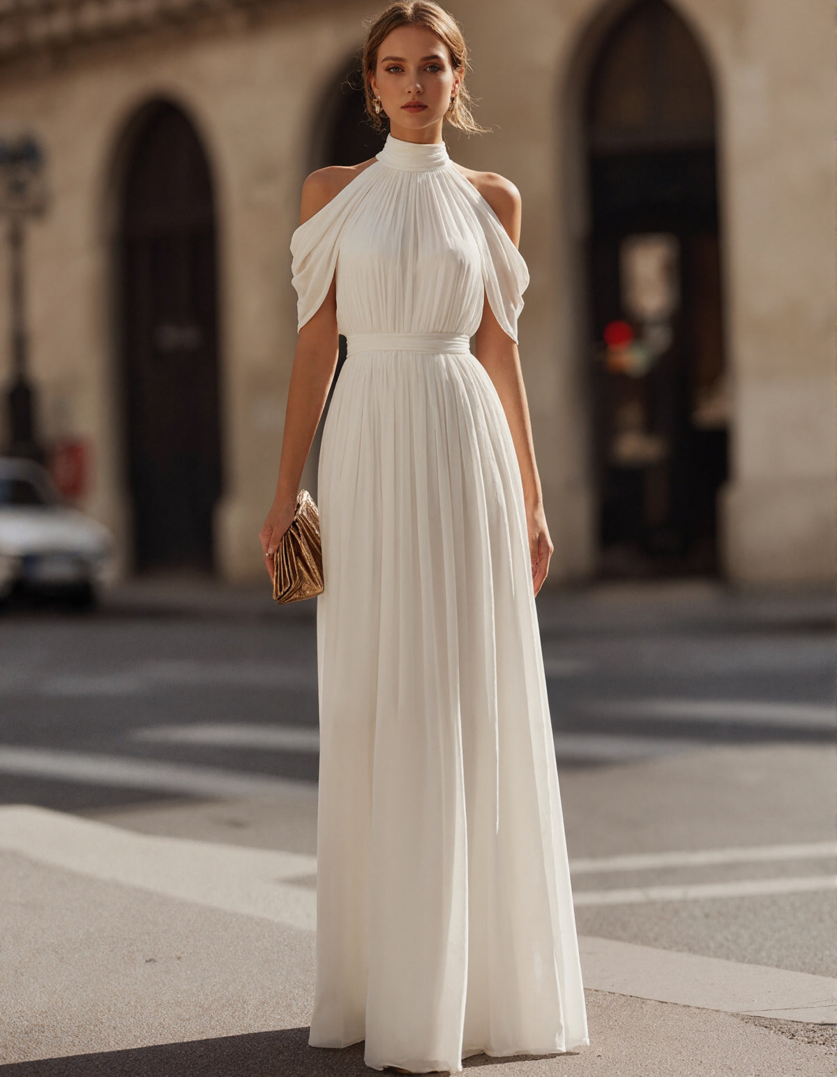 White Off Shoulder Pleated Chiffon Maxi Dress