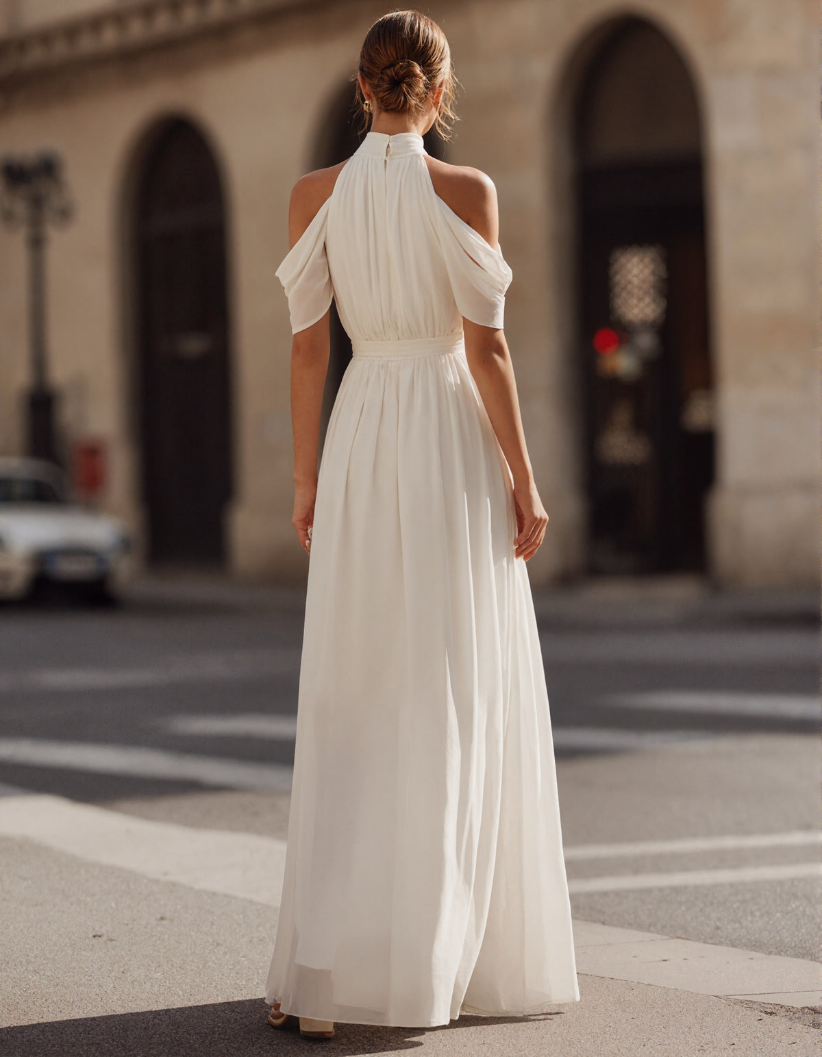 White Off Shoulder Pleated Chiffon Maxi Dress