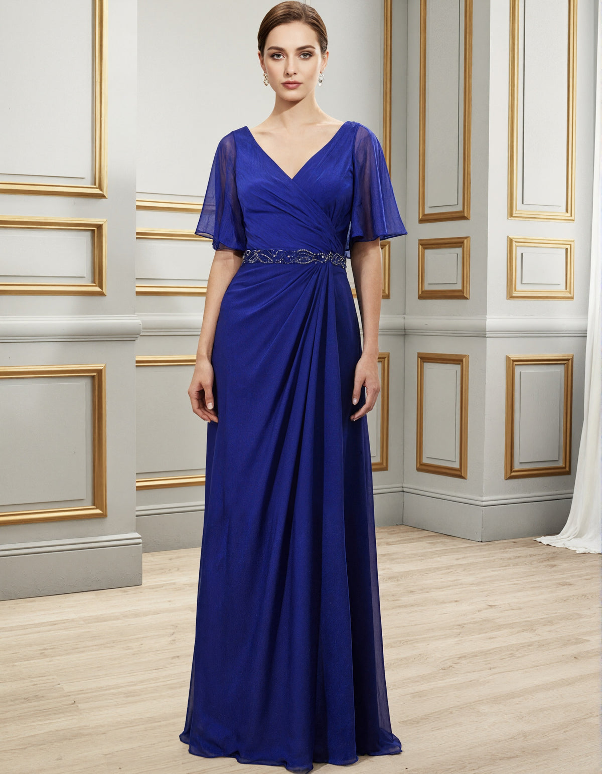 Royal Blue Crossover V-Neck Ruffled Sleeves Sequined Waist Chiffon Maxi Dress
