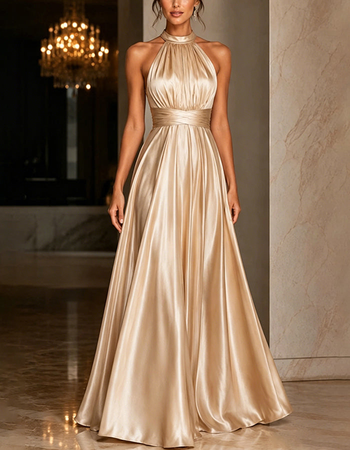 Champagne Halter Neck Satin A-Line Maxi Dress