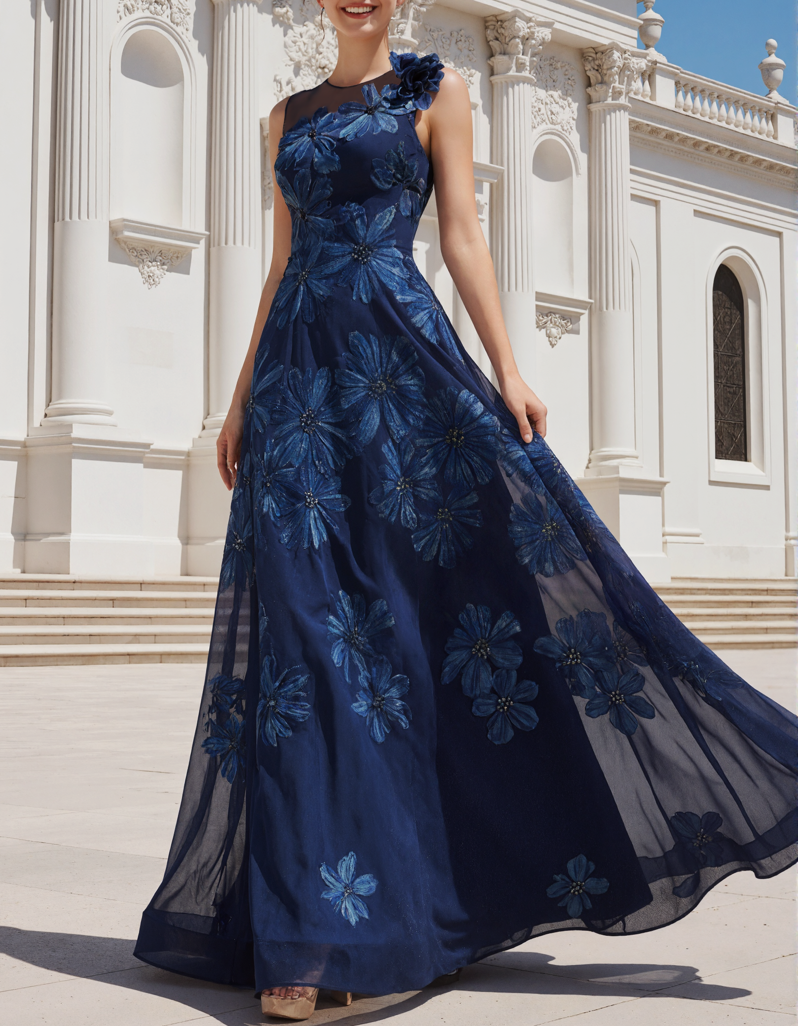 Navy Blue Chiffon Floral Print Crew Neck Maxi Dress