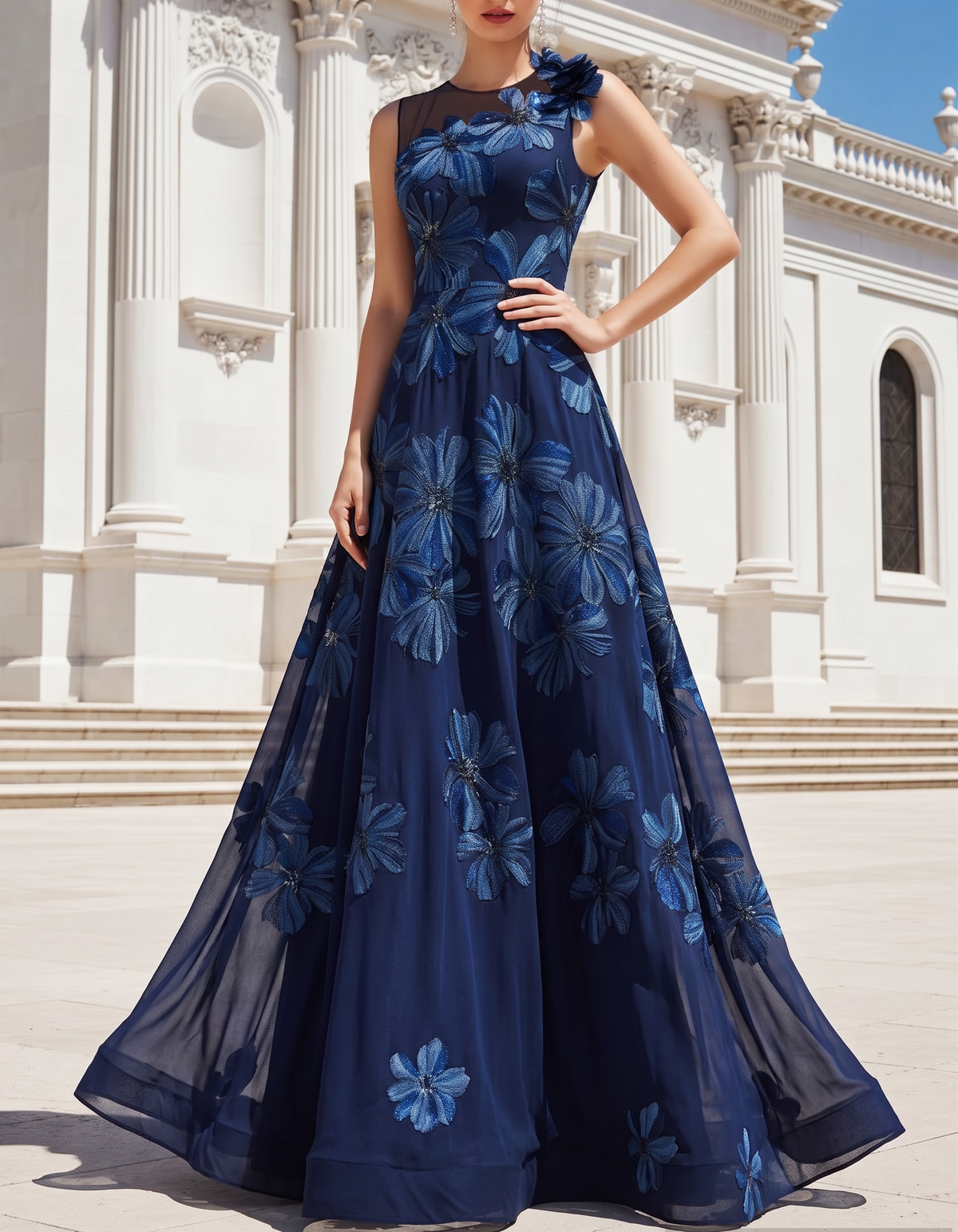 Navy Blue Chiffon Floral Print Crew Neck Maxi Dress