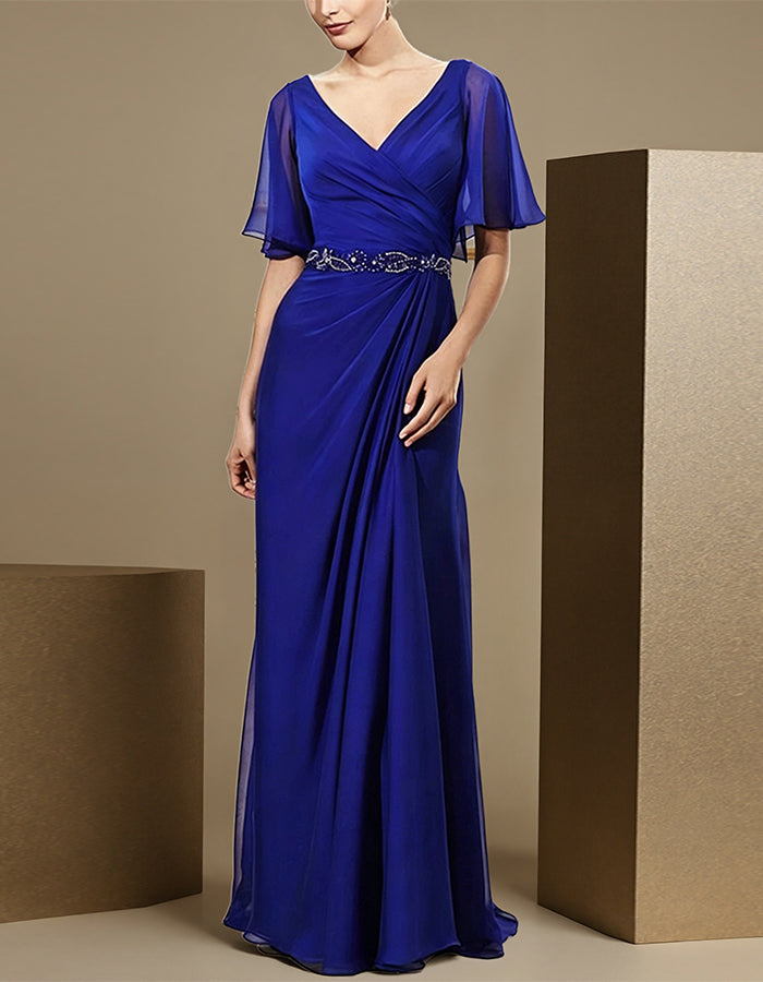 Royal Blue Crossover V-Neck Ruffled Sleeves Sequined Waist Chiffon Maxi Dress
