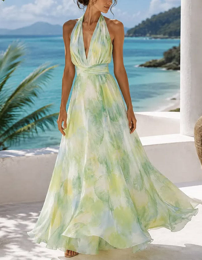 Yellow Green Backless Deep V Chiffon Maxi Dress