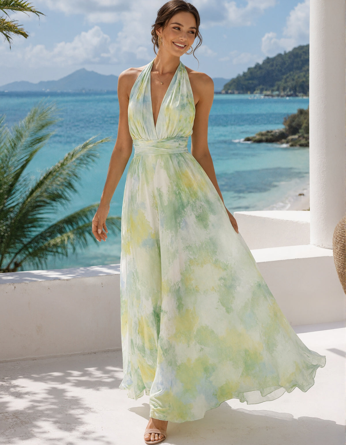 Yellow Green Backless Deep V Chiffon Maxi Dress
