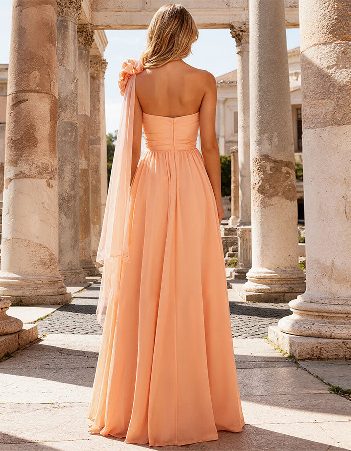 Light Orange One Shoulder 3D Floral Chiffon Slit Maxi Dress