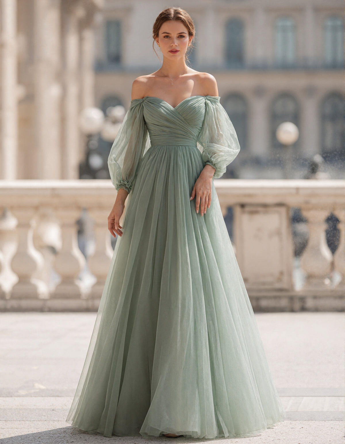 Sage Green Off Shoulder Puff Sleeves Pleated Tulle Maxi Dress