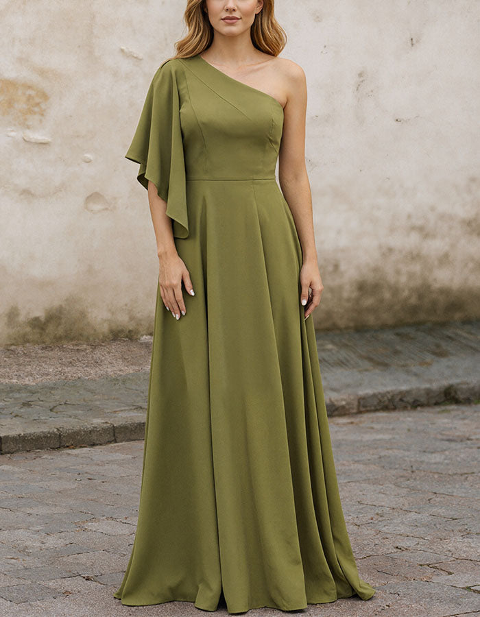 Olive Green One Shoulder Ruffle Sleeve Maxi Dress