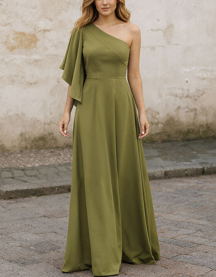 Olive Green One Shoulder Ruffle Sleeve Maxi Dress