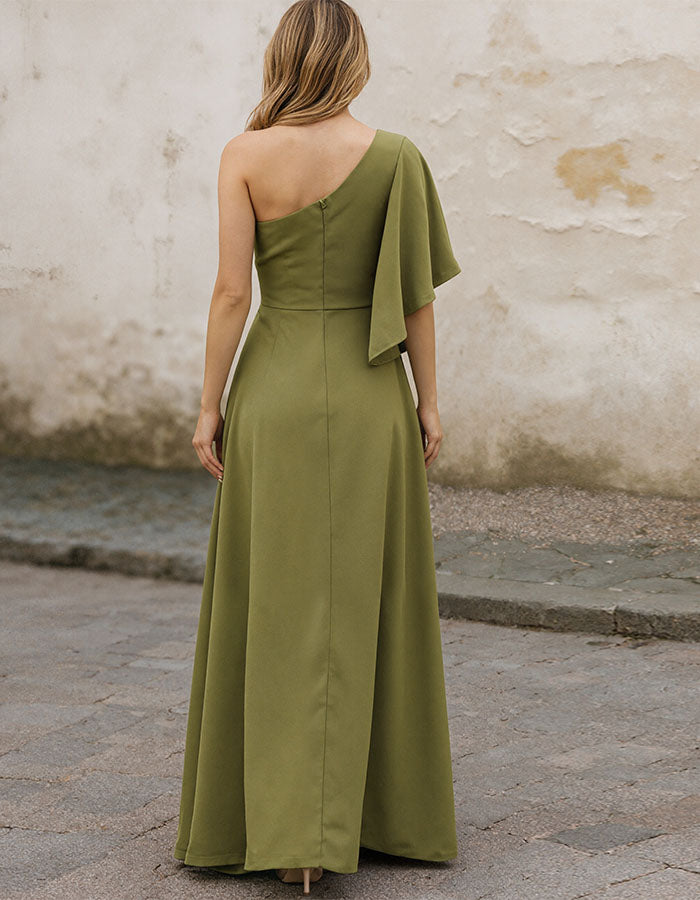 Olive Green One Shoulder Ruffle Sleeve Maxi Dress