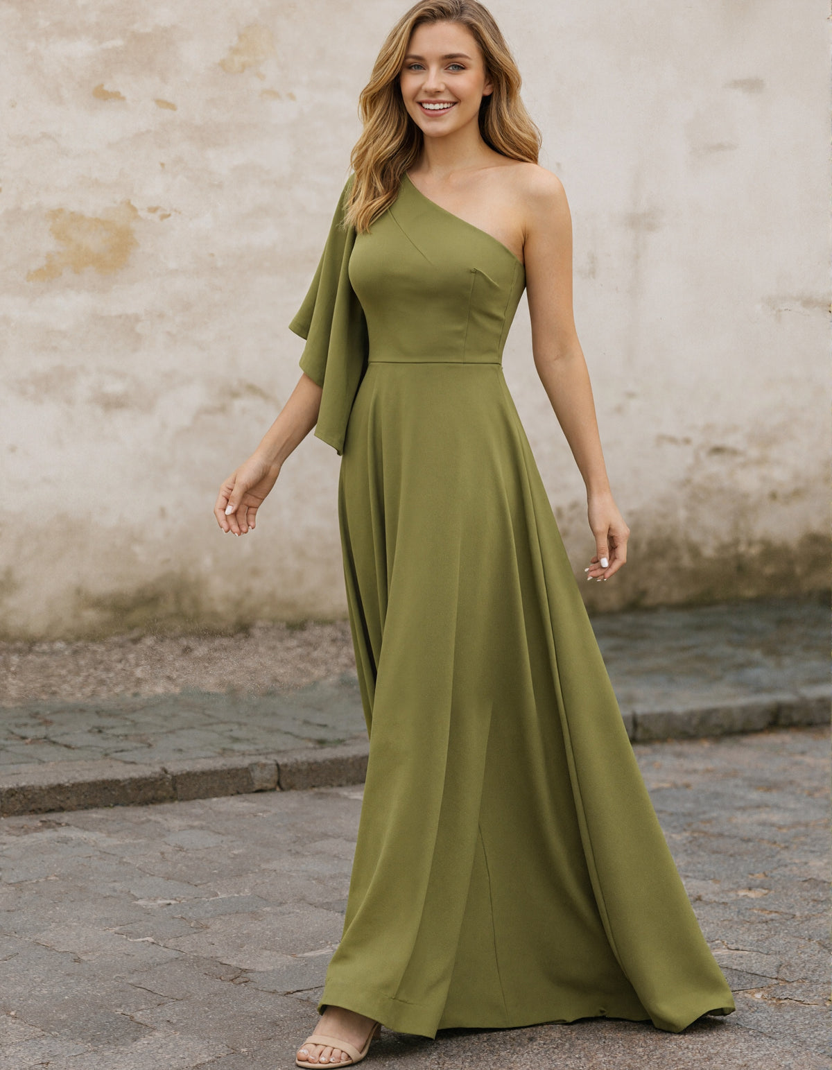 Olive Green One Shoulder Ruffle Sleeve Maxi Dress