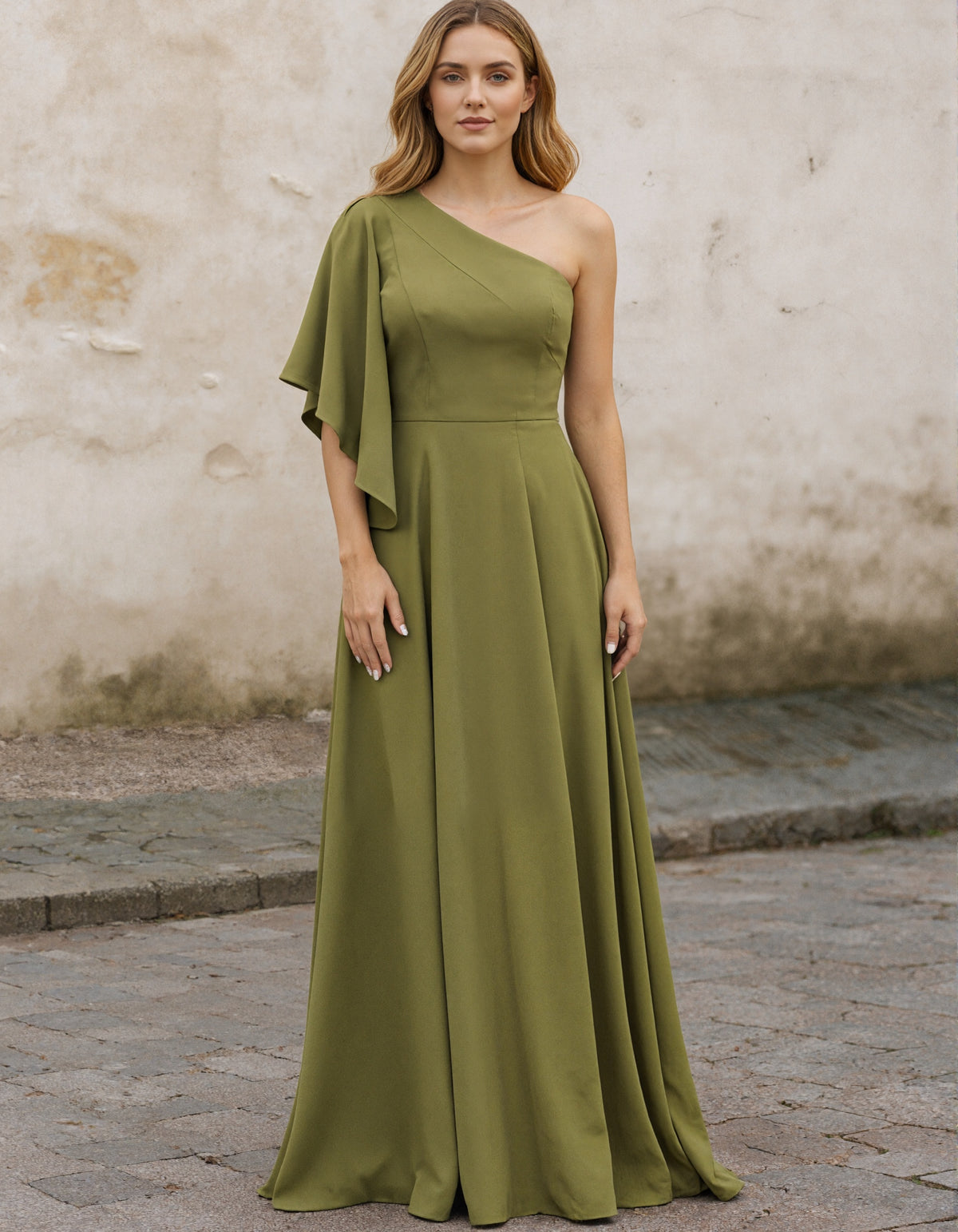 Olive Green One Shoulder Ruffle Sleeve Maxi Dress