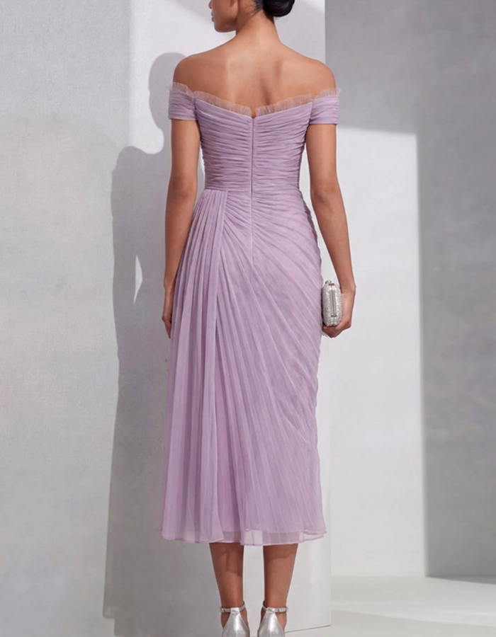 Off-the-Shoulder Pleated Chiffon Midi Dress