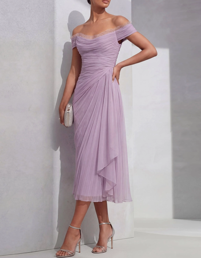 Off-the-Shoulder Pleated Chiffon Midi Dress