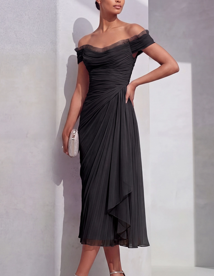 Off-the-Shoulder Pleated Chiffon Midi Dress – Alizua