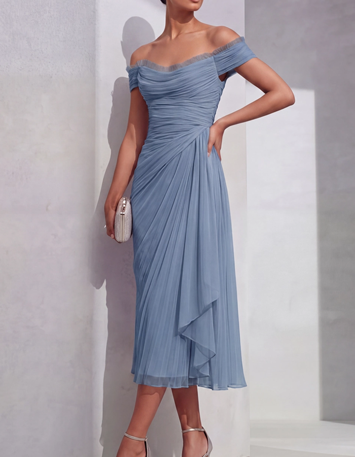 Off-the-Shoulder Pleated Chiffon Midi Dress