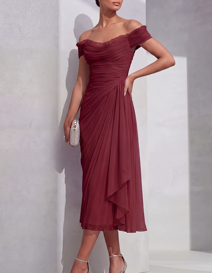 Off-the-Shoulder Pleated Chiffon Midi Dress