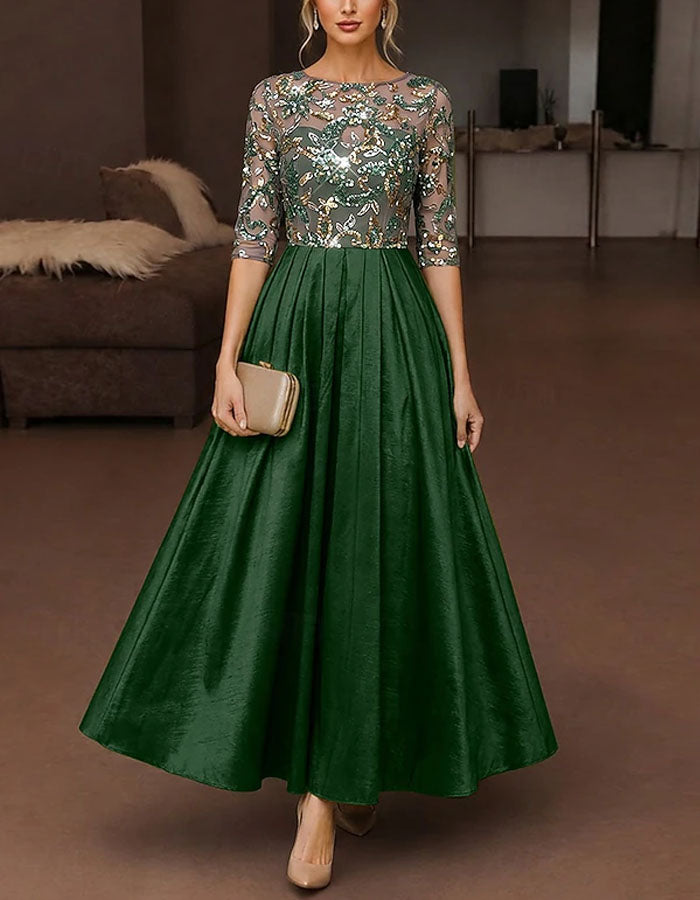 Green Tulle Sequined Floral Three Quarter Sleeve Satin Maxi Dress
