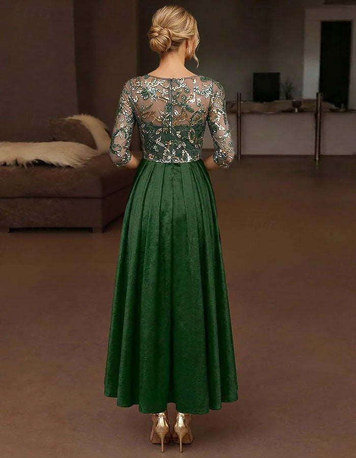 Green Tulle Sequined Floral Three Quarter Sleeve Satin Maxi Dress