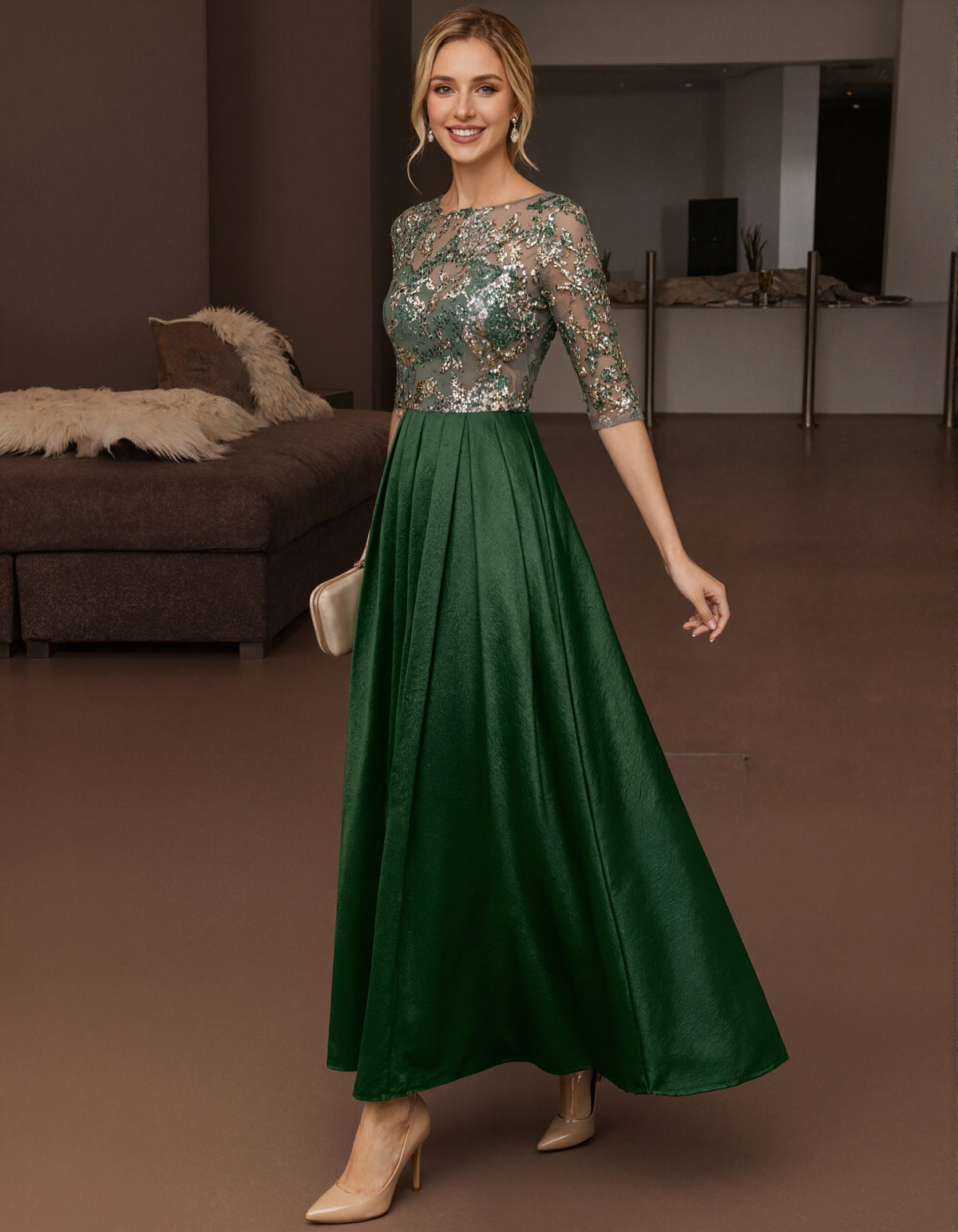 Green Tulle Sequined Floral Three Quarter Sleeve Satin Maxi Dress