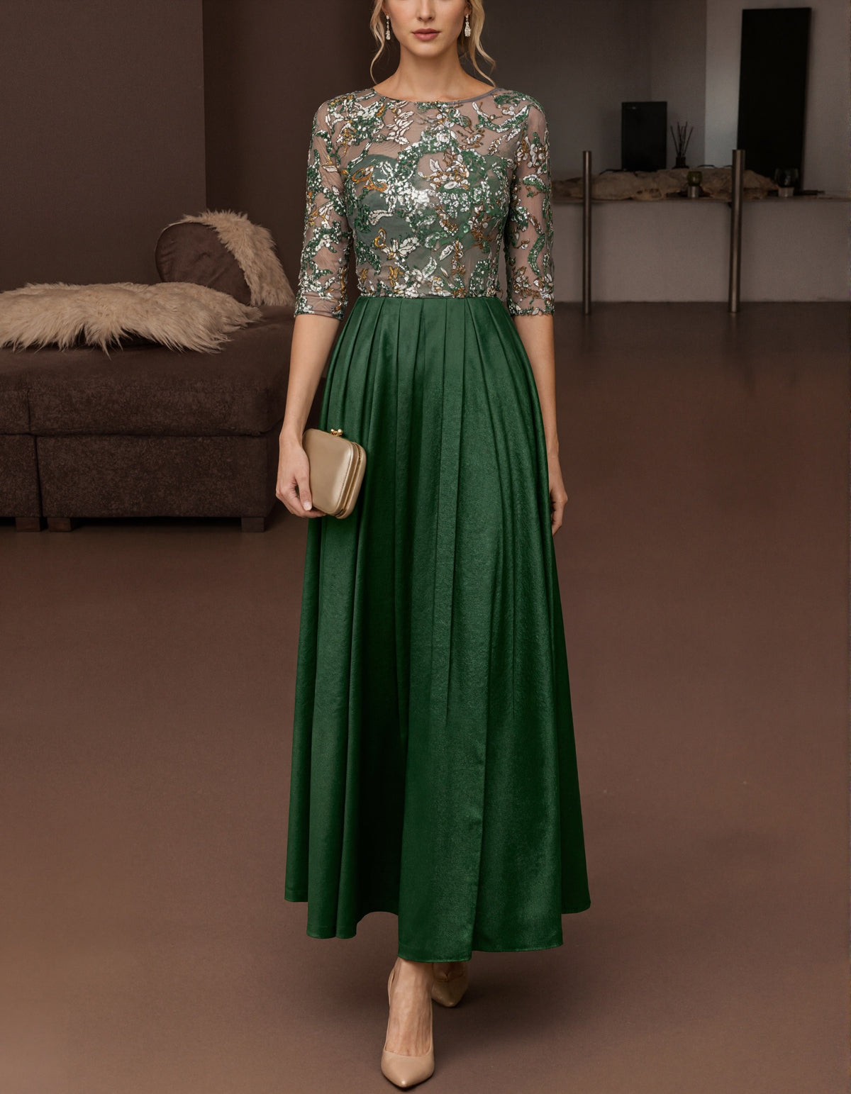 Green Tulle Sequined Floral Three Quarter Sleeve Satin Maxi Dress