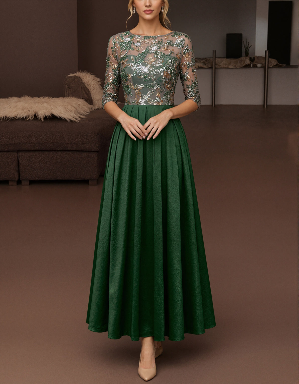 Green Tulle Sequined Floral Three Quarter Sleeve Satin Maxi Dress