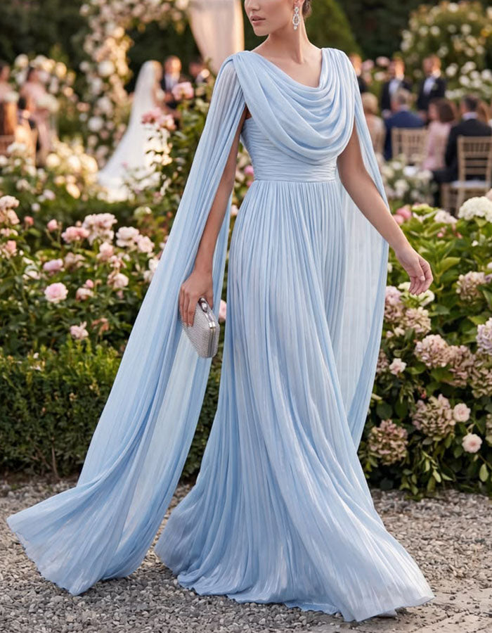 Light Blue Draped Shawl Sleeve Chiffon Maxi Dress